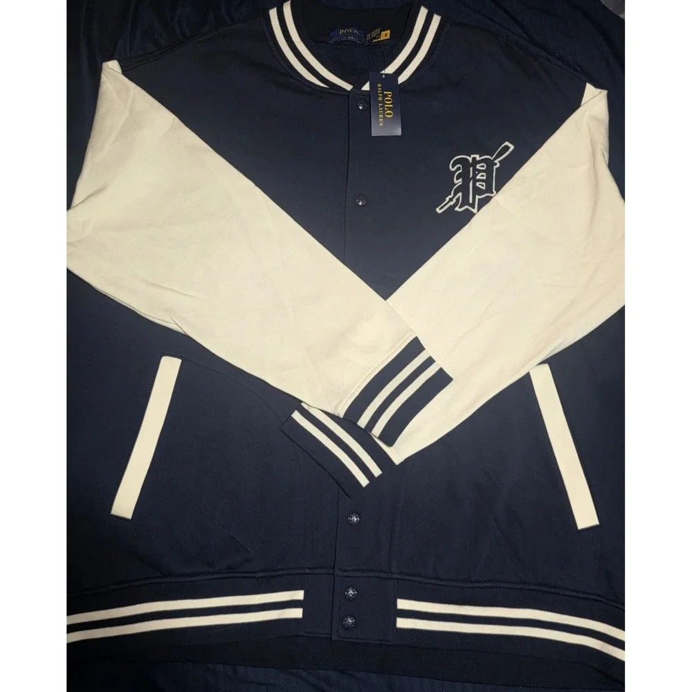 Polo Ralph Lauren Navy Blue Varsity Letterman Jacket Fleece Button Up Men's 3XB